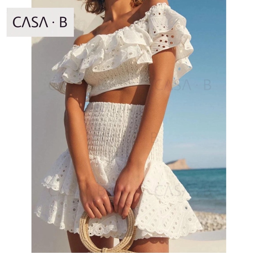 CASA B Florence White Cotton Eyelet Off Shoulder Ruffle Top & Skirt Set